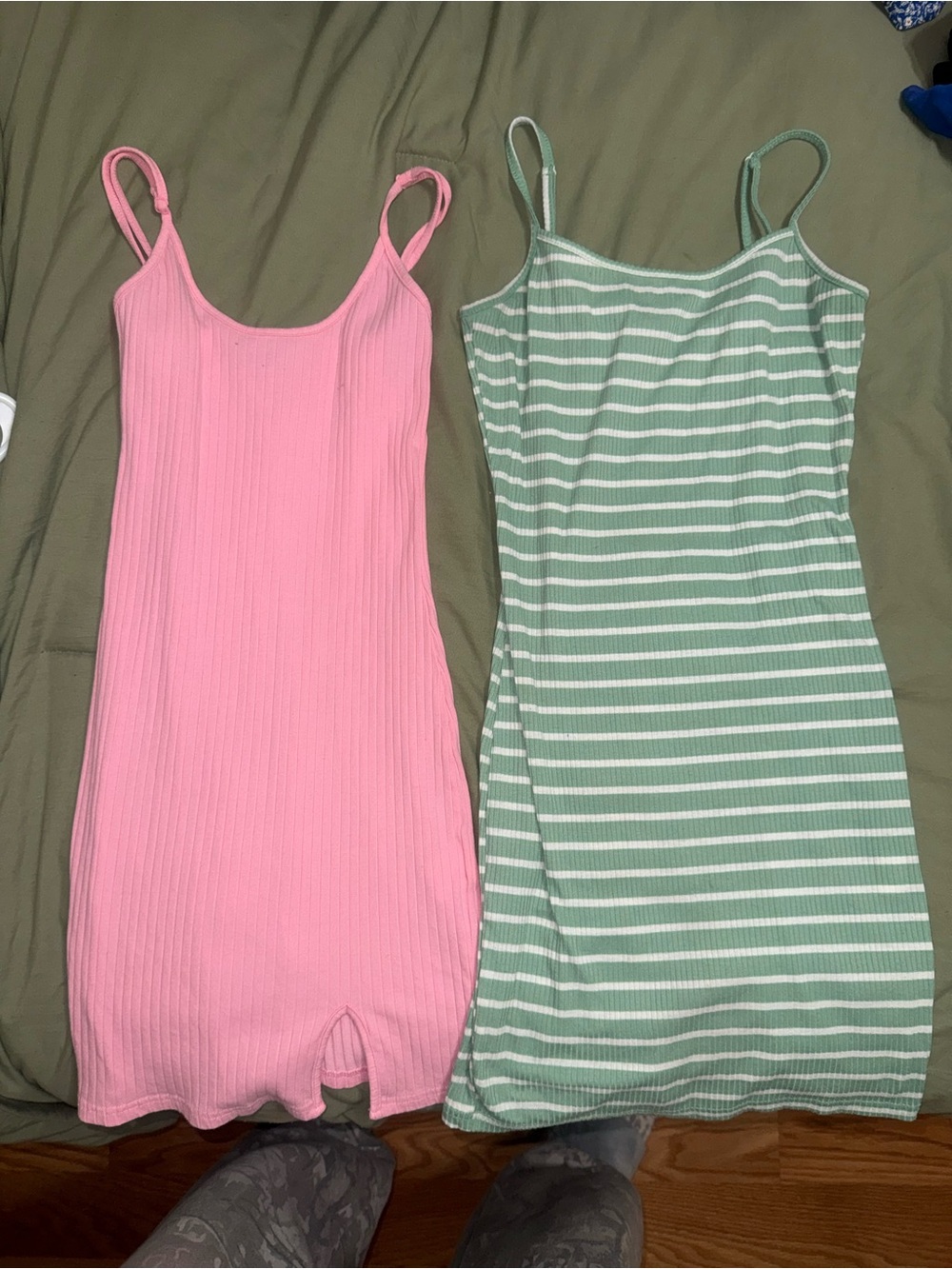 SHEIN Pink Ribbed Slip & Green Striped Spaghetti Strap Dresses - 2 Pack